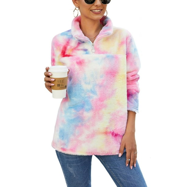 WSPLYSPJY Womens Long Sleeve Fleece Zip Sweatshirt Color Block Sherpa Pullover Sweatshirt 